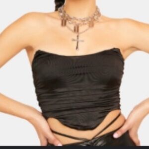 Elegant satin ruched Black Strapless Top